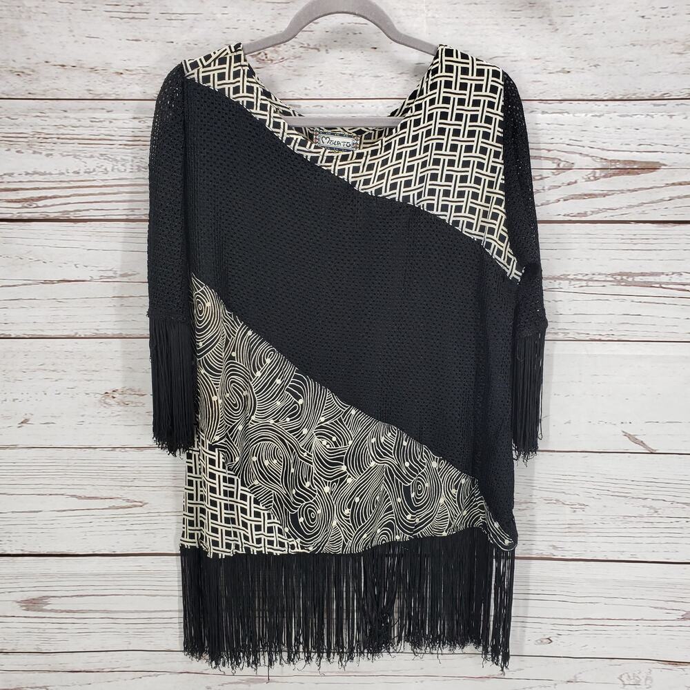 Molato Women's Black Color block Fringe 3/4 Sleeve Top Size Small